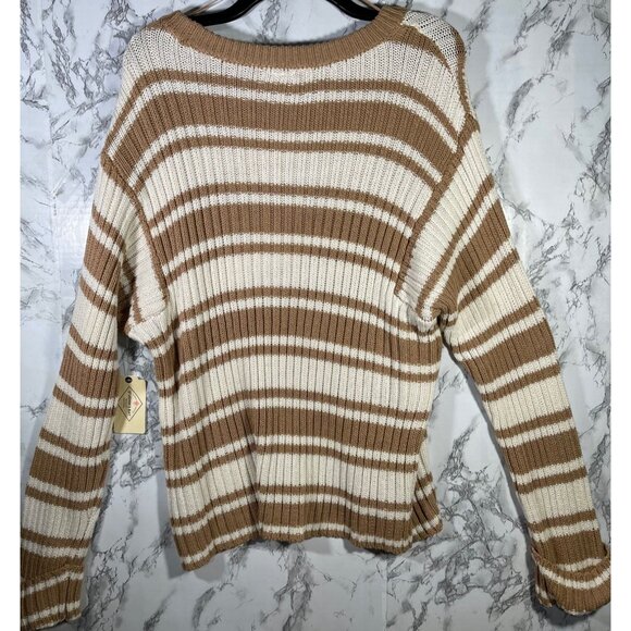St. Johns Bay Womens XL Striped Knit Sweater Brown & Cream Ribbed Pullover - Picture 2 of 5